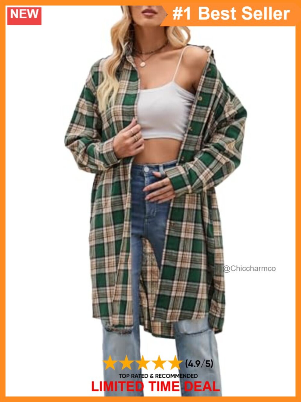 Oversized Long Flannel Plaid Shacket Knee Length Button Down Shirt Jacket